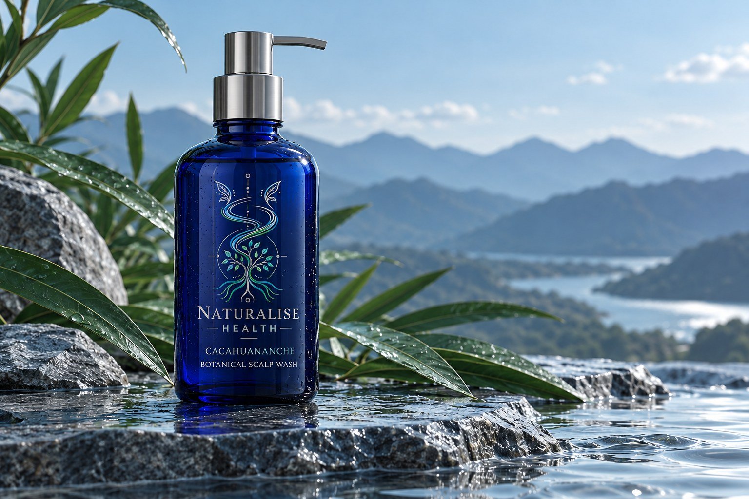 Concept Naturalise cacahuananche botanical scalp wash in cobalt glass with the approved Naturalise Health mark