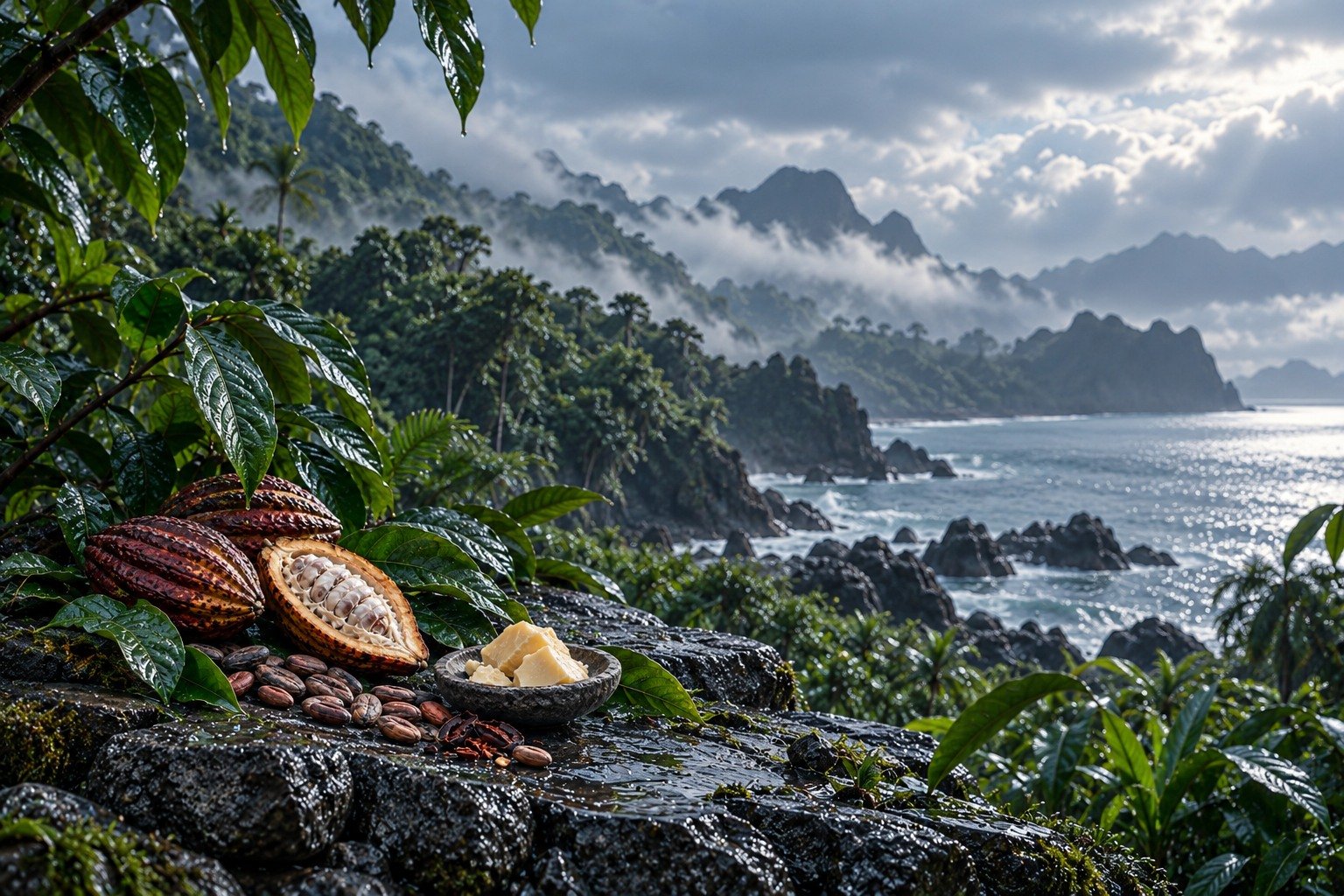 Cacao pods, beans, leaves and cacao butter arranged on cool volcanic stone