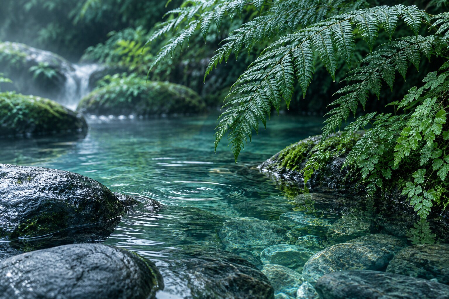 Fern fronds over clear teal water and smooth grey stones
