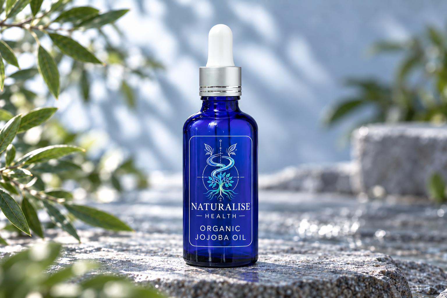 Concept Naturalise Health organic jojoba oil in dark cobalt glass with a silver dropper and transparent label