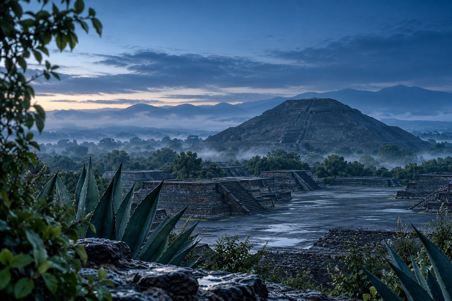 The Pyramid of the Sun at Teotihuacan in cool blue morning mist
